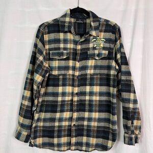 Vintage Salty Turtle Beer Co. Blue and Tan Plaid Button Down Shirt Med